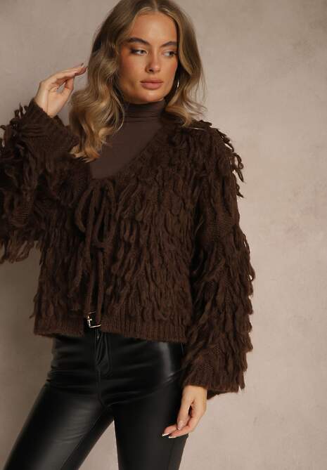 Brązowy Kardigan z Wiązaniem i Frędzlami z Domieszką Wełny i Wiskozy Tiseana
