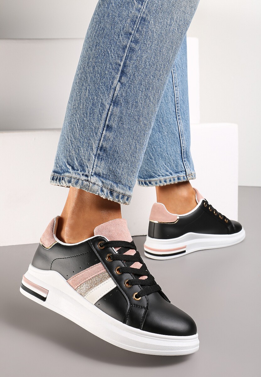 Czarne Sneakersy na Grubej Podeszwie Odelie