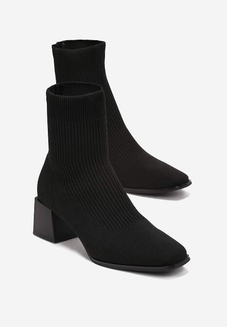 Czarne Botki za Kostkę z Elastycznego Materiału na Geometrycznym Słupku Aidara