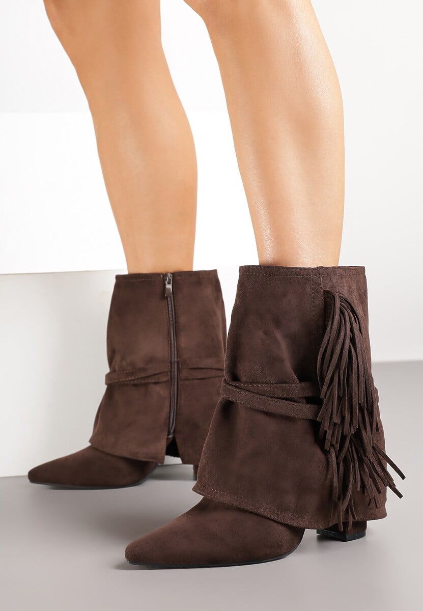 Brązowe Botki Boho z Cholewką Imitującą Nogawkę i Frędzlami Zaslie