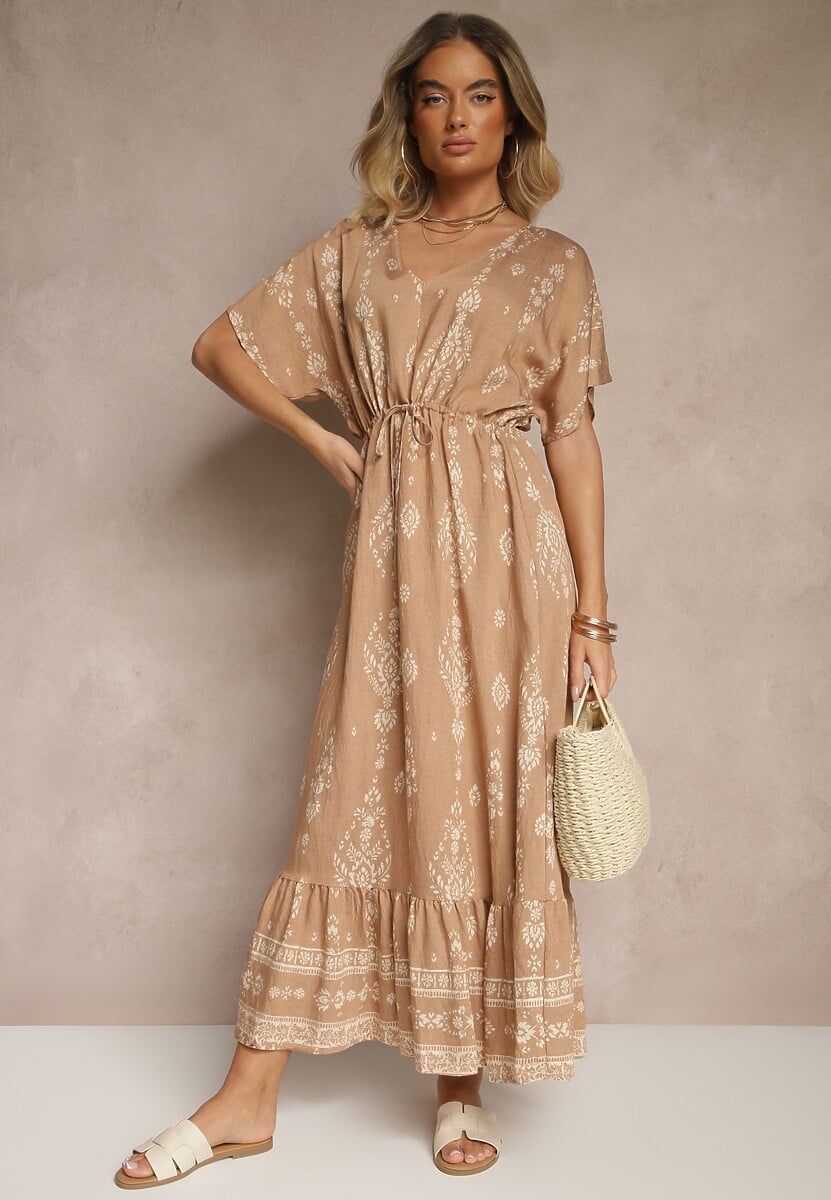 Zielona Rozkloszowana Sukienka z Falbanką w Print Boho z Wiskozą Tunova