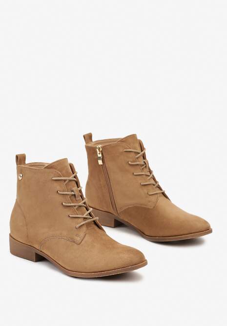 Ciemnobeżowe Wiązane Botki na Płaskiej Podeszwie Erithara