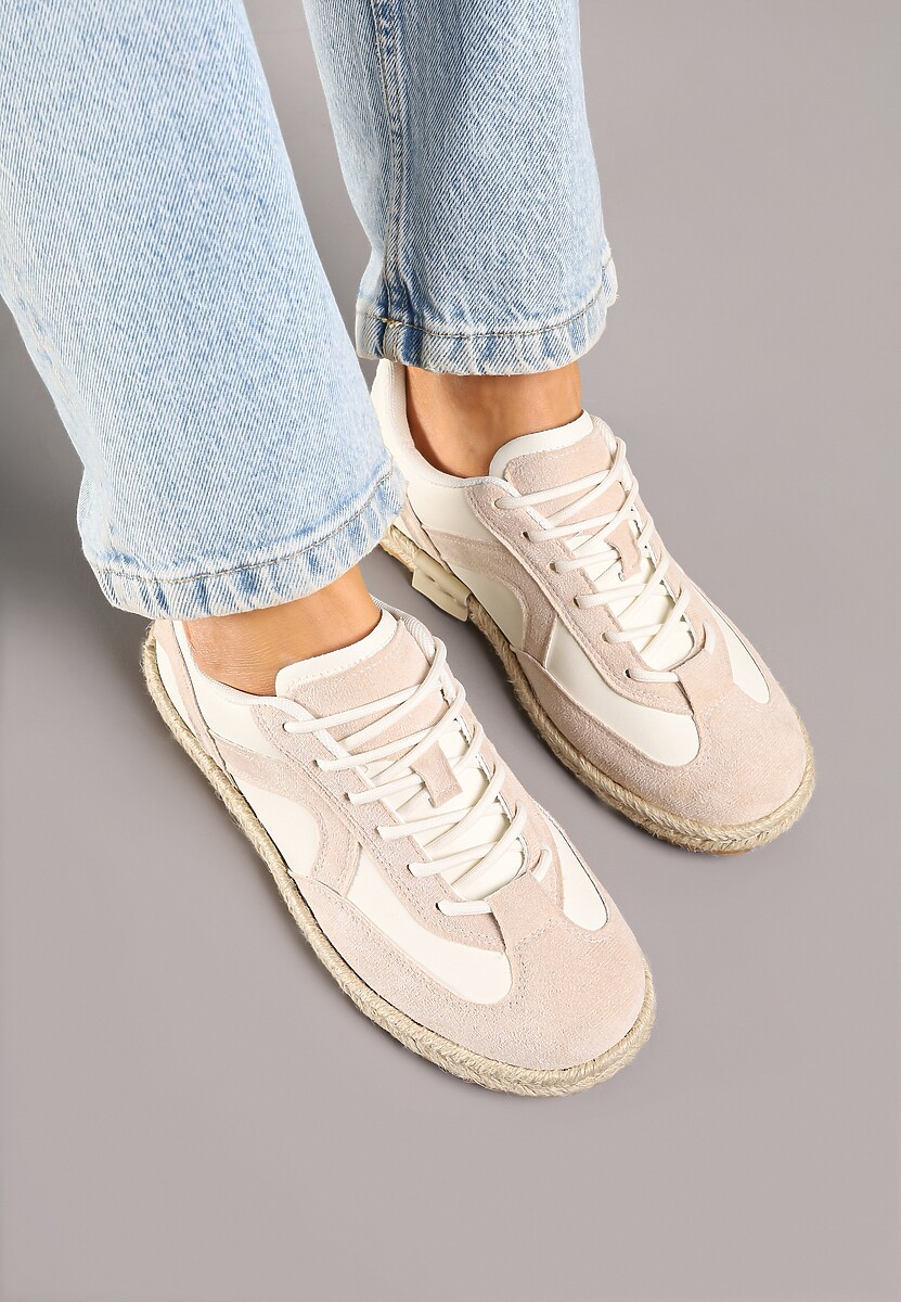 Beżowe Sneakersy Kultowe Tenisówki z Podeszwą Zdobioną Plecionką Zarorella