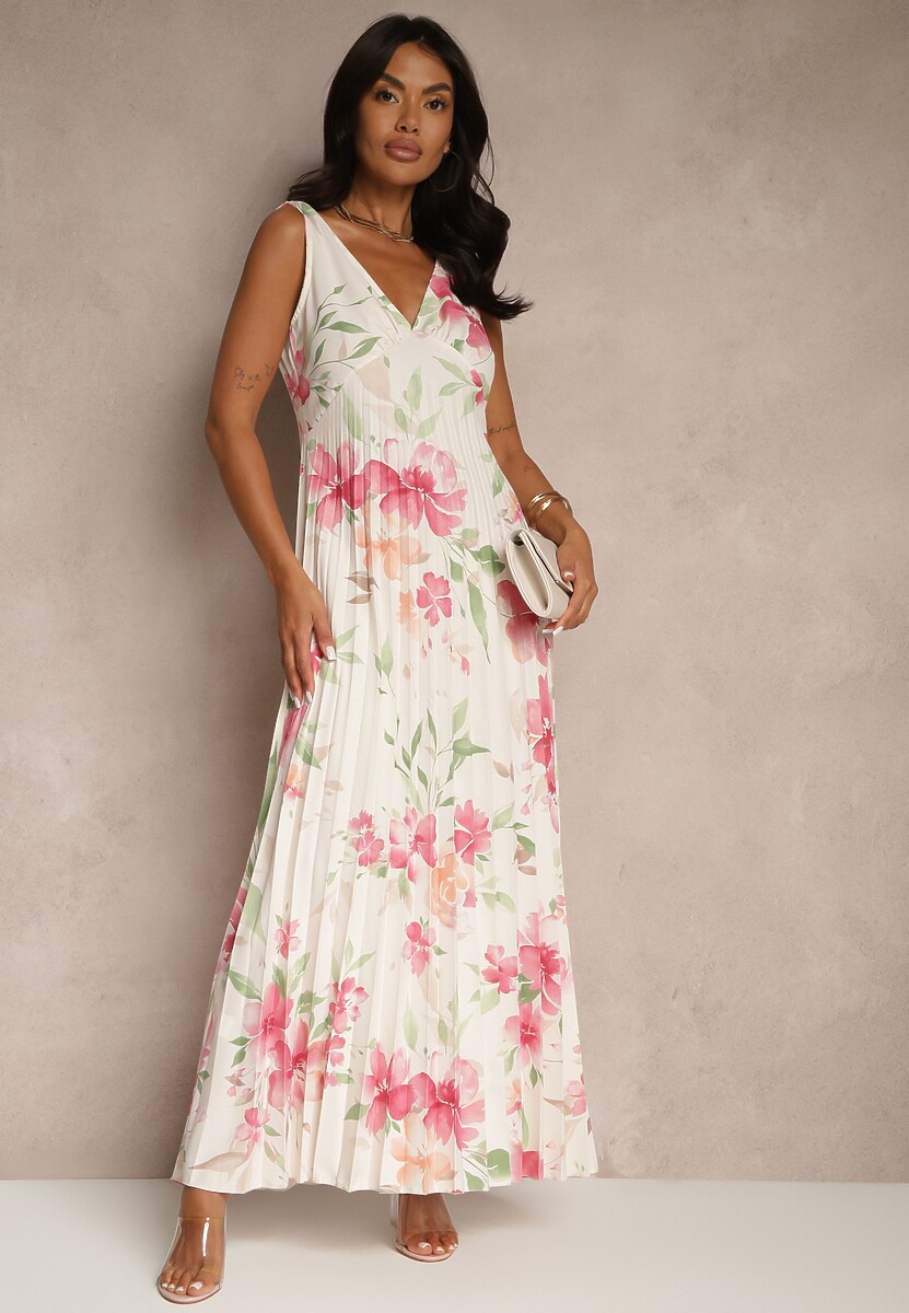 Beżowa Plisowana Sukienka o Rozkloszowanym Fasonie na Szerokich Ramiączkach Nitanela