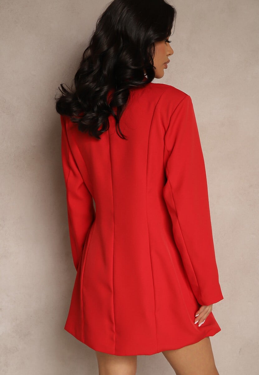 Czerwona Sukienka Kopertowa Ozdobiona Imitacją Kieszeni Davirnas