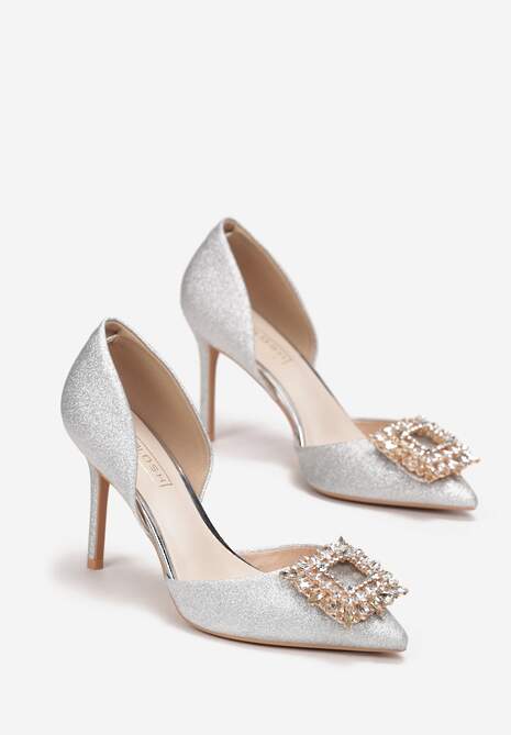 Srebrne Brokatowe Szpilki z Metalową Ozdobą z Cyrkonii Acani