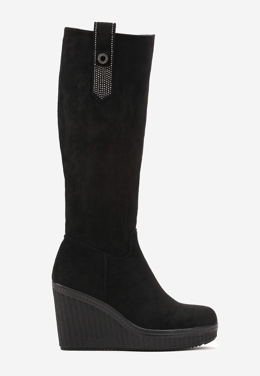 Czarne Kozaki na Koturnie i Niskiej Platformie z Paskiem w Cyrkonie Opalesce