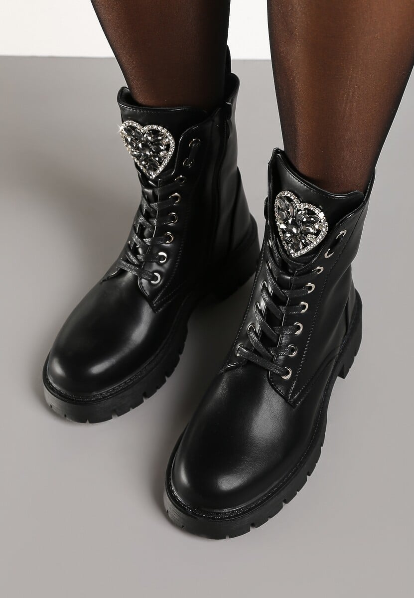 Czarne Botki Workery na Tłoczonej Platformie z Aplikacją z Cyrkoniami Ravithria