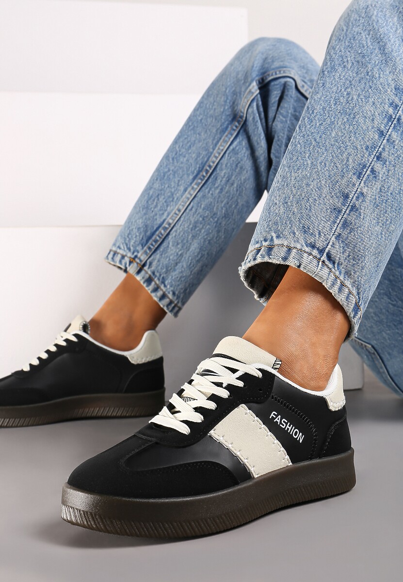 Czarne Sneakersy na Platformie z Kontrastującymi Detalami i Wywiniętym Językiem Amirila