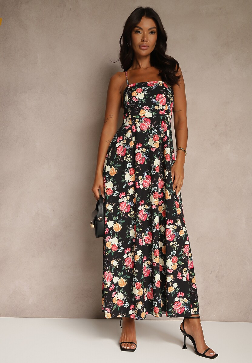 Czarna Rozkloszowana Sukienka z Wiskozą w Kwiatowy Wzór Nalivie