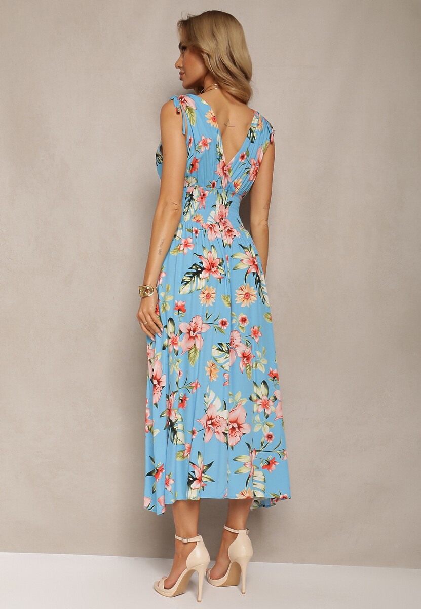 Niebieska Kwiecista Sukienka z Gumką w Talii i Trójkątnym Dekoltem ze Ściągaczami Taseria