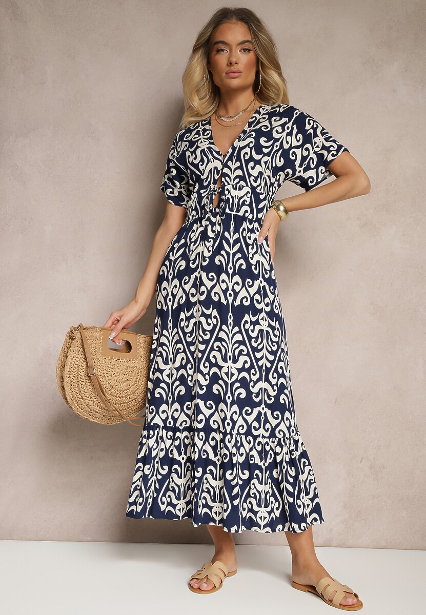 Niebieska Wiskozowa Sukienka z Abstrakcyjnym Wzorem Tuledia