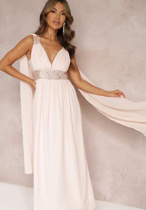 Różowa Maxi Sukienka o Rozkloszowanym Fasonie Ozdobiona Cekinami na Szerokich Ramiączkach Nedilva