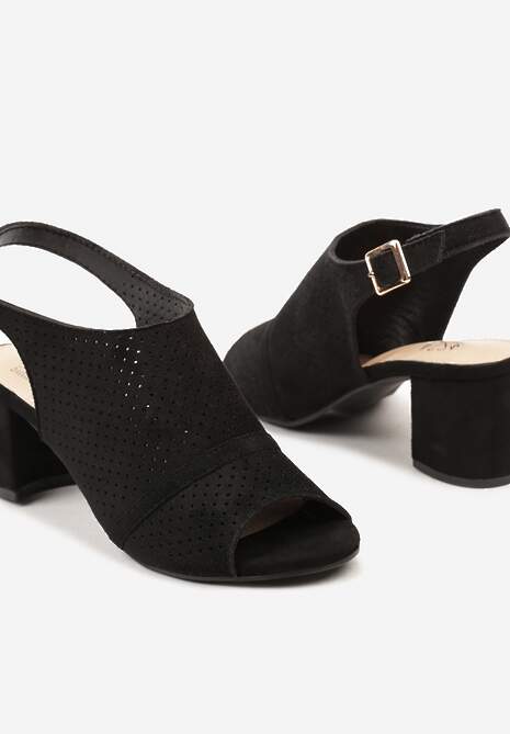 Czarne Sandały na Słupku Peep Toe z Ażurowym Zdobieniem Tavia