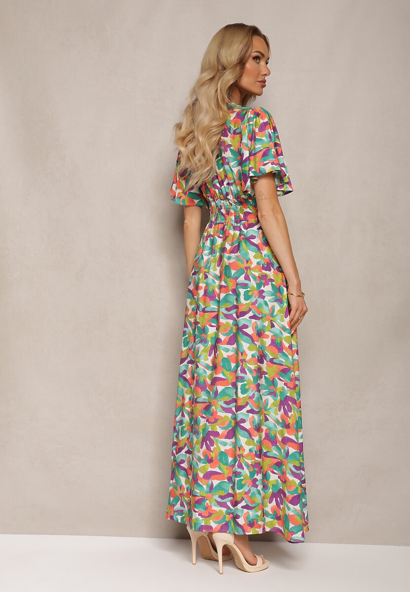 Zielono-Fioletowa Wiskozowa Sukienka z Gumką w Talii z Ozdobnymi Marszczeniami i Rozcięciem Glara