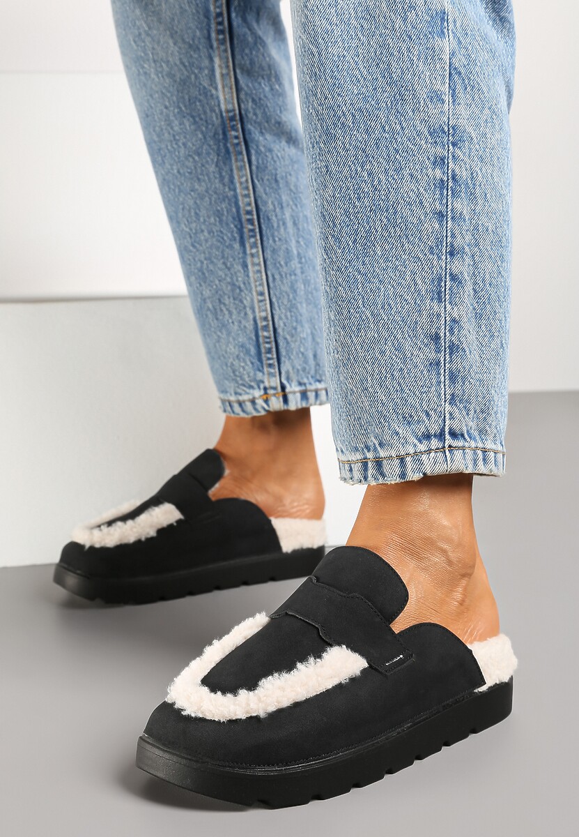 Czarne Klapki na Platformie Ozdobione Paskiem i Futerkiem w Stylu Baranka Islinna