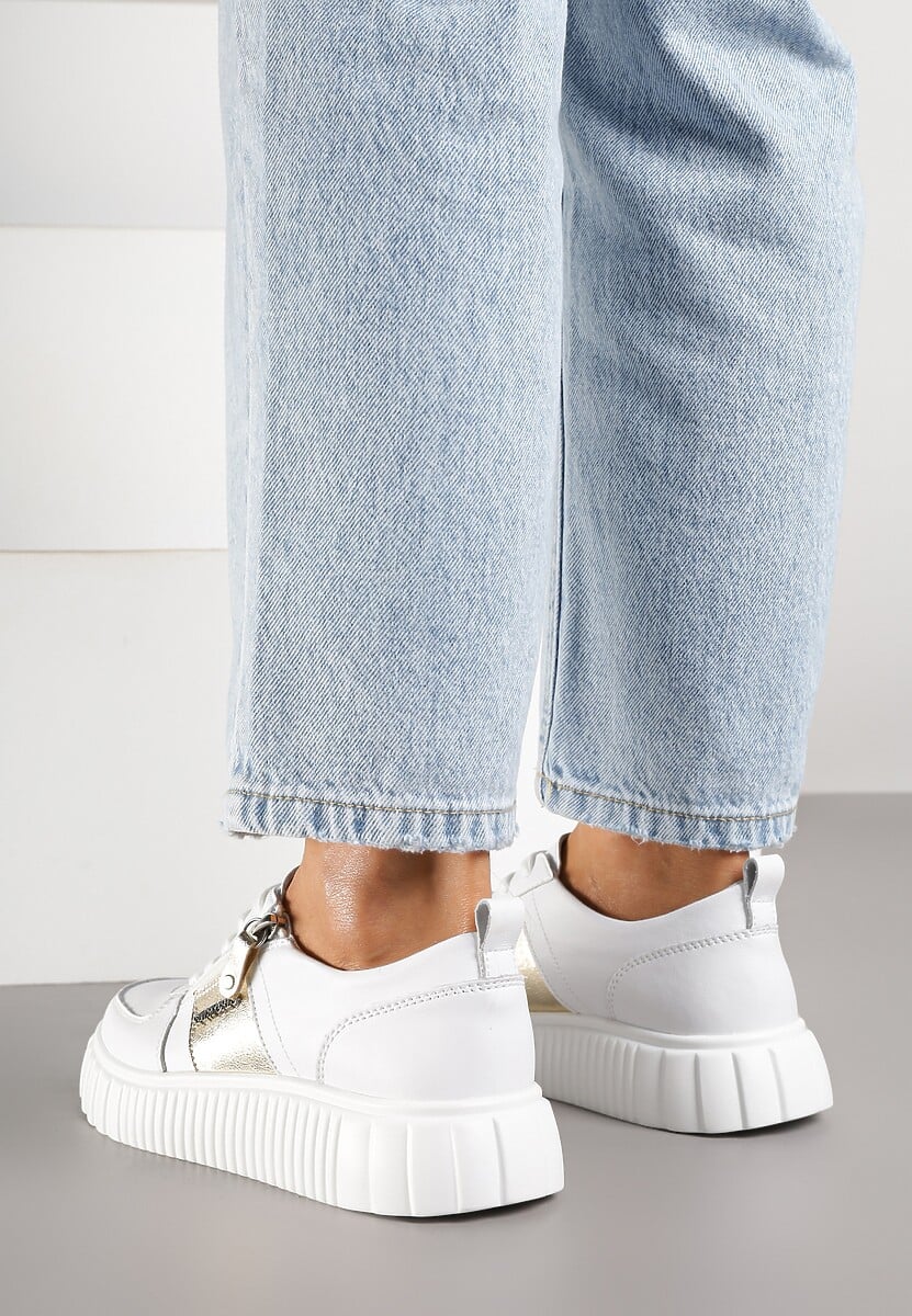 Białe Sneakersy ze Skóry Naturalnej z Metalicznym Zdobieniem Zorentee