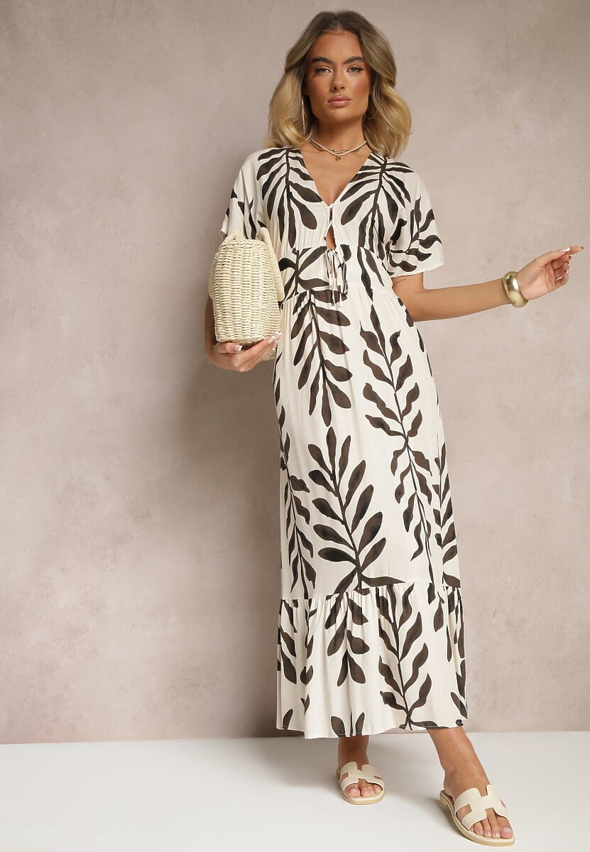 Czarna Wiskozowa Sukienka z Motywem Liści Verilin