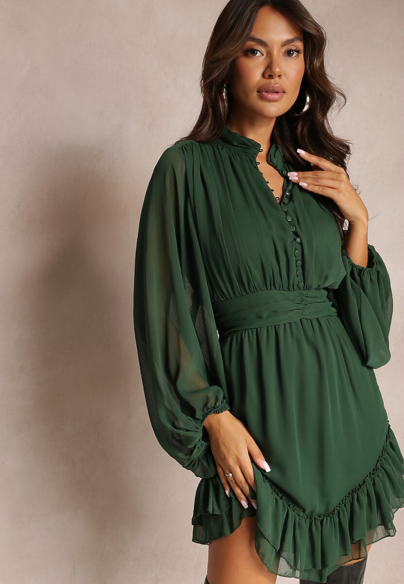 Fioletowa Sukienka Mini z Marszczoną Gumką i Przezroczystymi Rękawami Janay