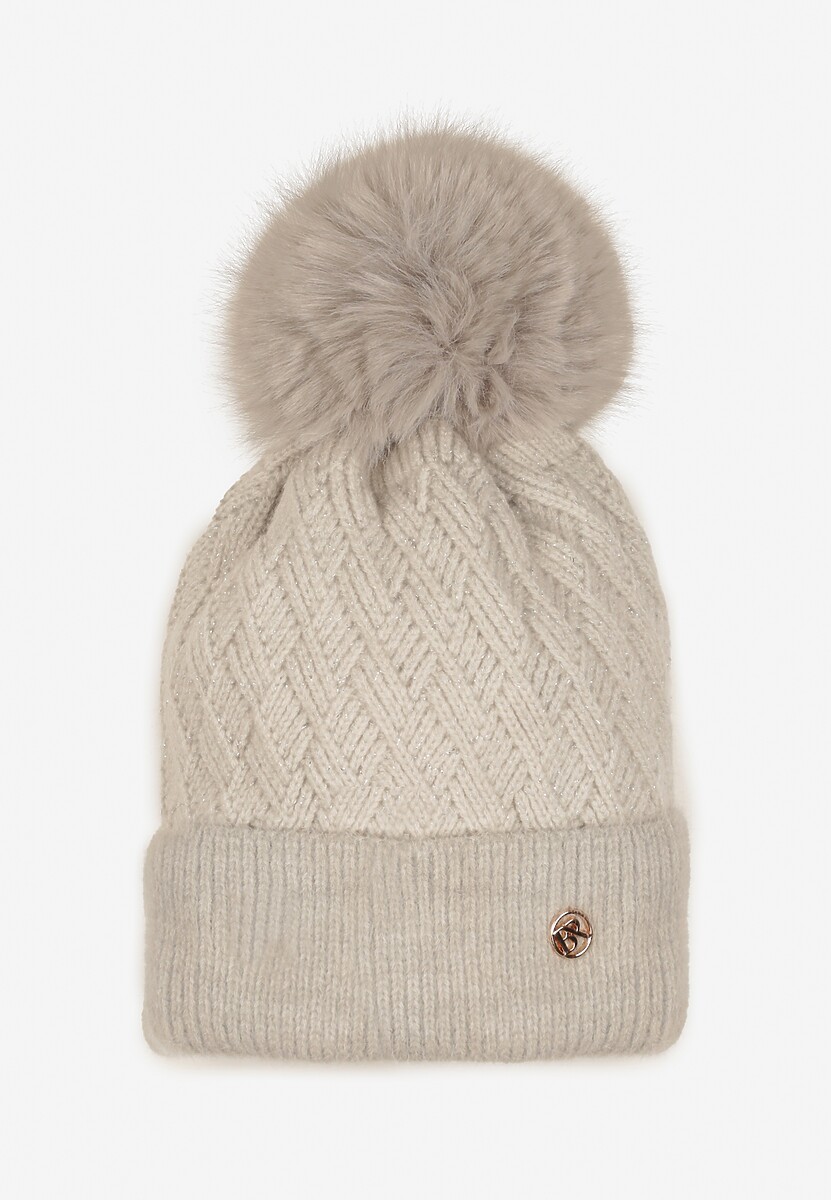 Szara Czapka z Wiskozą Metaliczną Nicią i Pomponem Berira