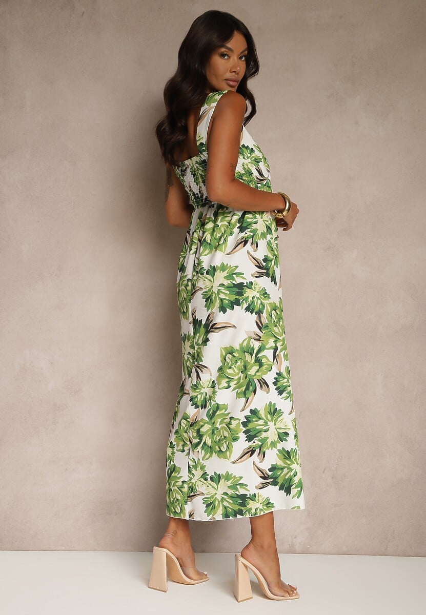Zielona Sukienka z Wiskozą o Rozkloszowanym Kroju z Kwiatami Nilestra