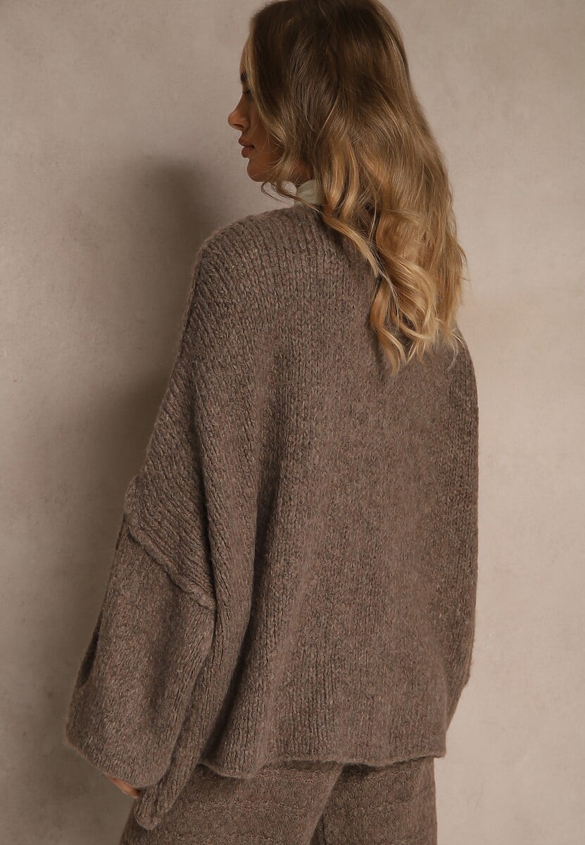 Jasnobrązowy Niezapinany Kardigan Nietoperzowy z Dodatkiem Wełny i Wiskozy Rallidia