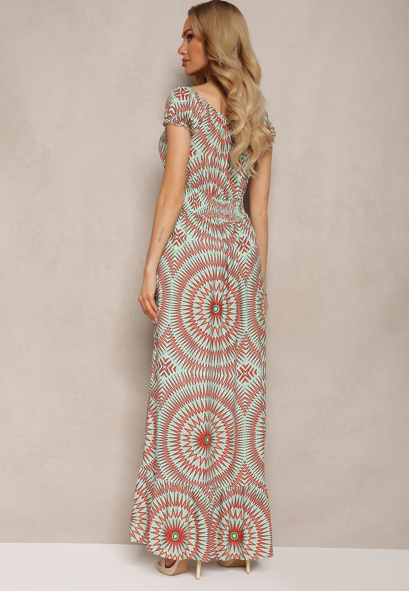 Miętowo-Pomarańczowa Rozkloszowana Sukienka z Wiskozy z Gumką w Pasie i Wiązaniem przy Dekolcie Xicia