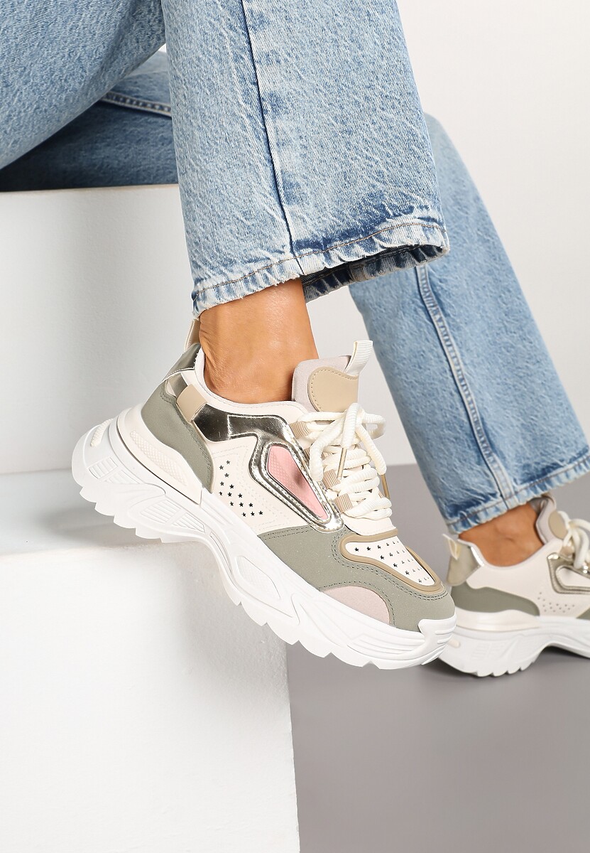 Beżowo-Zielone Sneakersy w Streetwearowym Stylu na Tłoczonej Podeszwie Nelasea