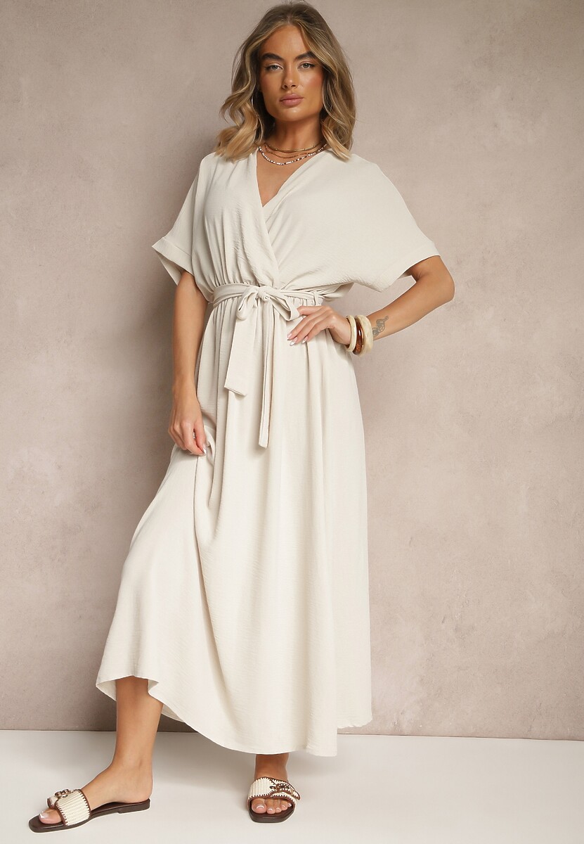 Beżowa Rozkloszowana Sukienka z Bawełną i Paskiem Lunapinia