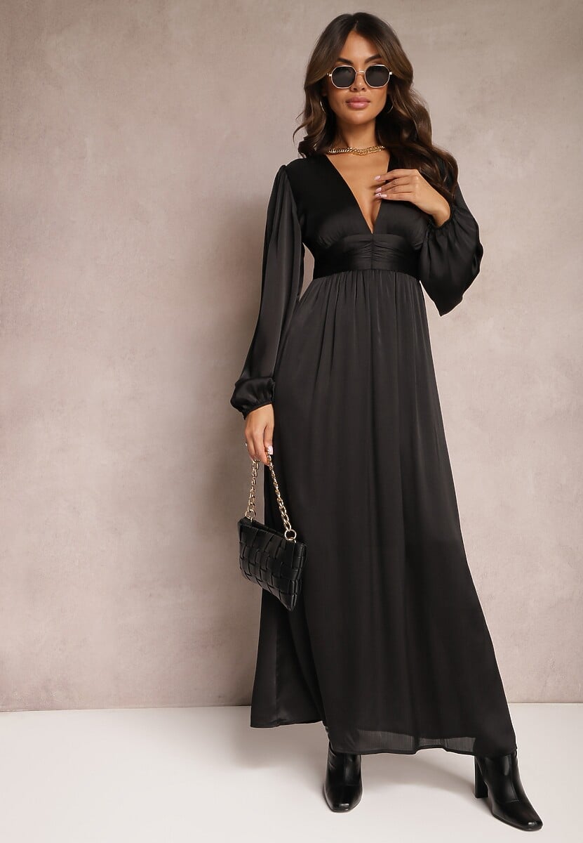 Brązowa Gładka Sukienka Maxi o Rozkloszowanym Kroju z Luźnymi Rękawami i Trójkątnym Dekoltem Biswas