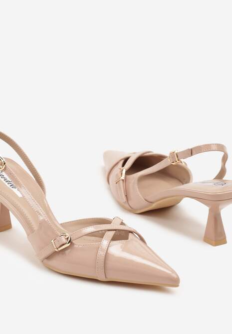 Beżowe Sandały Slingback na Kaczuszce ze Szpiczastym Noskiem ze Sprzączkami Deyline