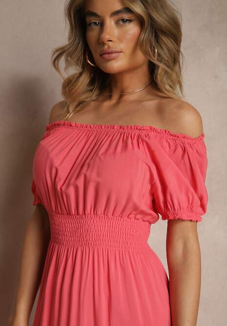 Różowa Rozkloszowana Sukienka z Gumką w Talii i Dekoltem w Kształcie Łódki Miratela