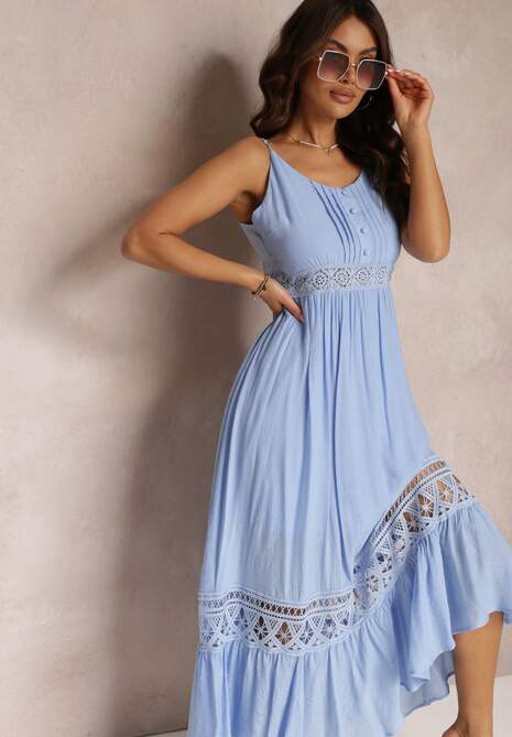 Niebieska Rozkloszowana Sukienka Maxi z Falbanką i Koronką Luluma