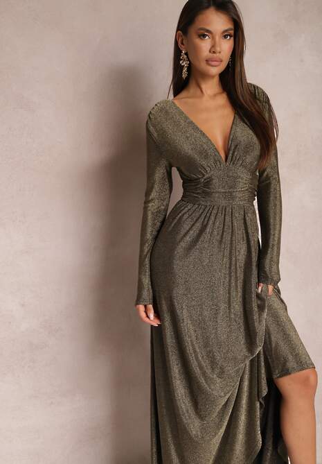 Złota Rozkloszowana Sukienka Maxi z Błyszczącego Materiału z Drapowaniem w Talii Kizzetta