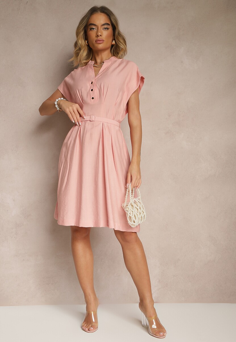 Różowa Rozkloszowana Sukienka z Wiskozy z Paskiem Zapinana na Napy Seporine
