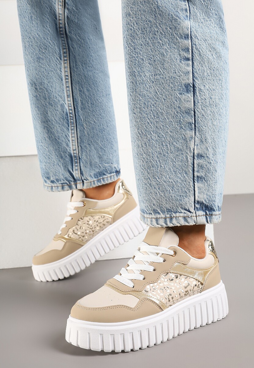Beżowe Sneakersy na Platformie z Tłoczeniem Ozdobione Panterką i Perforacją Udivaya