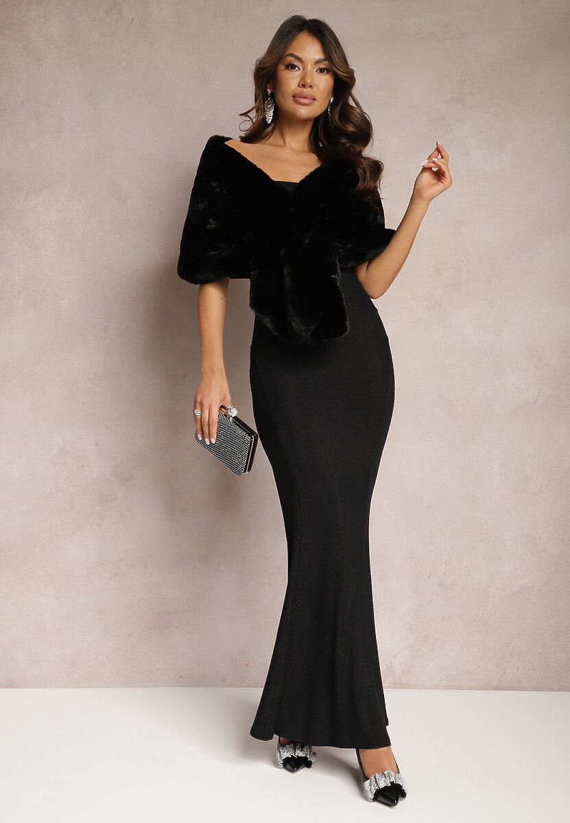 Czarna Połyskująca Sukienka Maxi Bez Ramiączek z Rozkloszowanym Dołem Botalia