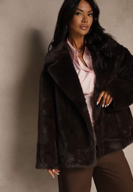 Brązowa Dwurzędowa Kurtka Futerko o Fasonie Oversize Manella