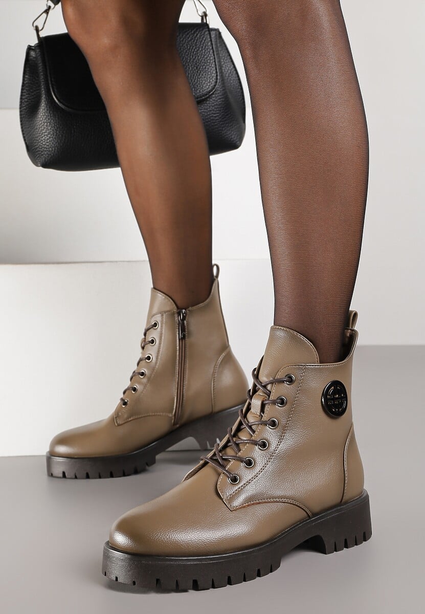 Ciemnobeżowe Botki Potocki Workery z Geometryczną Ozdobą Firiselle