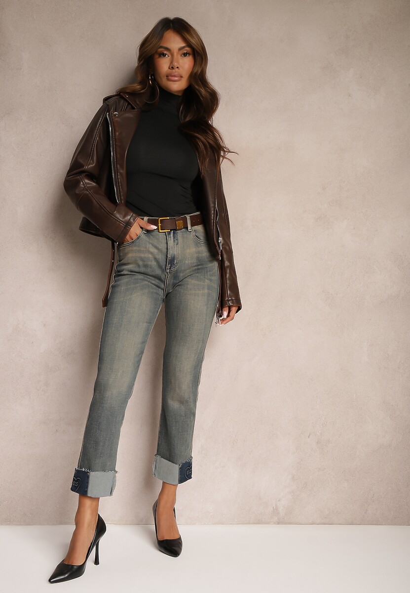 Niebiesko-Szare  Jeansy High Waist z Bawełny z Efektem Postarzenia i Modnym Paskiem Rilelle