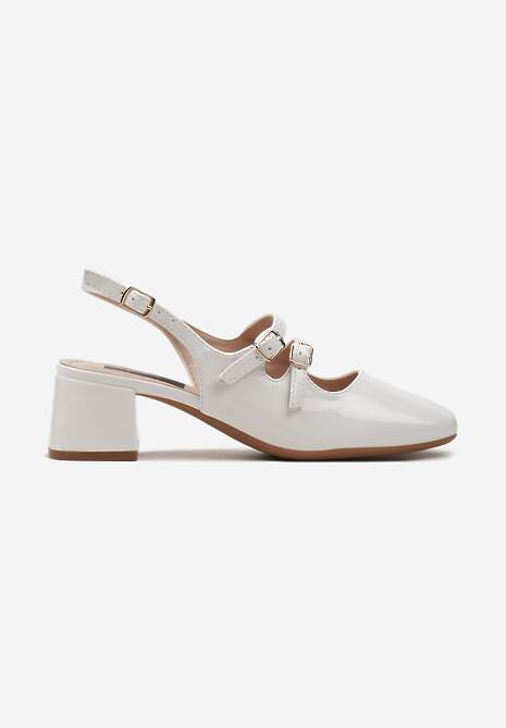 Białe Czółenka na Niskim Słupku ze Sprzączkami i Noskiem w Kwadrat Seraphela