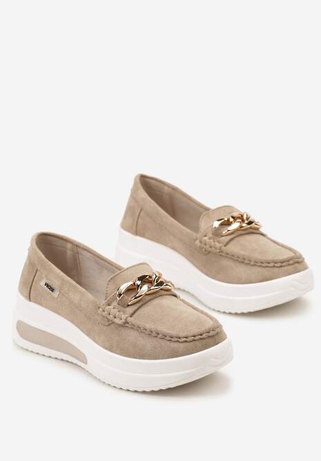 Ciemnobeżowe Mokasyny z Łańcuszkiem na Wysokiej Platformie Iracana