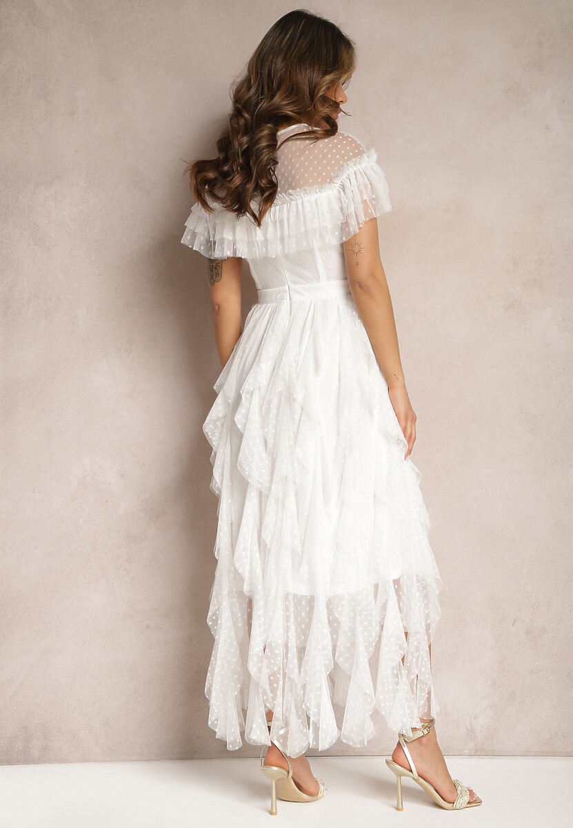 Biała Rozkloszowana Sukienka z Transparentnymi Wstawkami z Koronki Saela