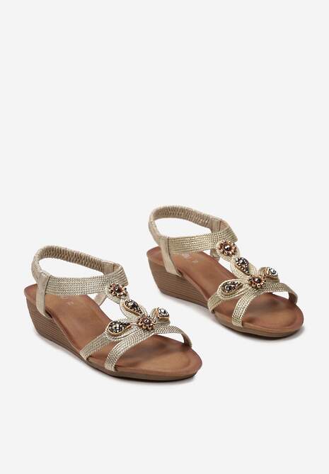 Złote Sandały na Koturnie z Cyrkoniami i Elastycznym Paskiem Jukea