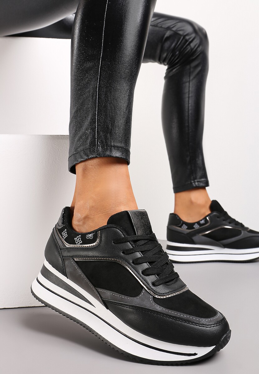 Czarne Sneakersy na Grubej Podeszwie z Metalicznymi Wstawkami Venussa