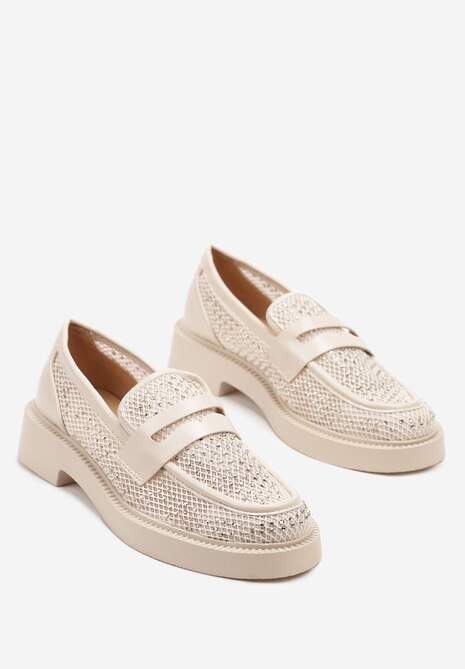 Beżowe Mokasyny przed Kostkę Ozdobione Cyrkoniami i Siateczką Senareth