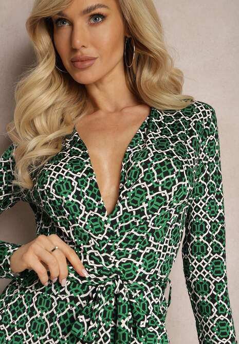 Zielony Kombinezon w Geometryczne Wzory z Szerokimi Nogawkami i Paskiem w Talii Soliti