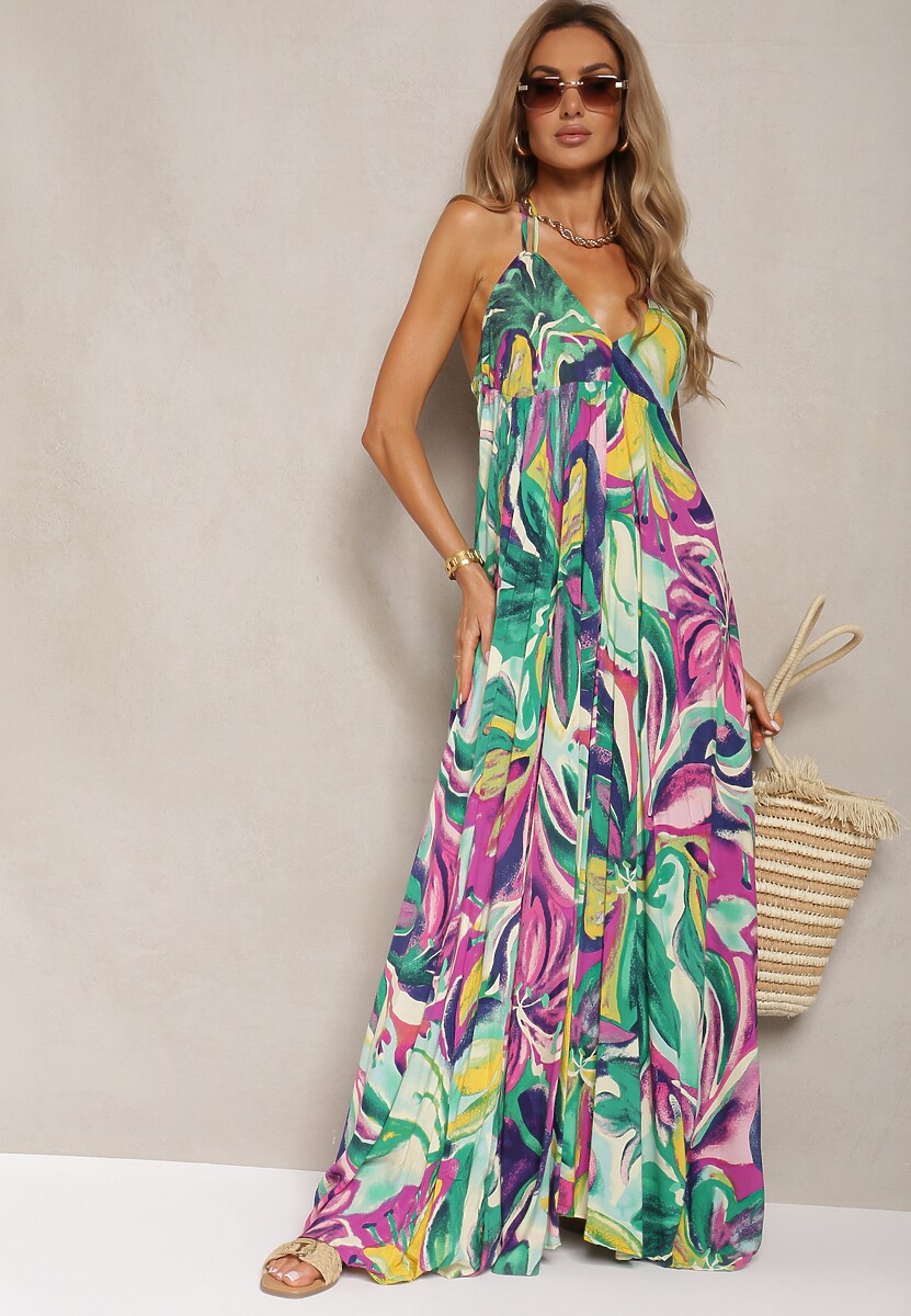 Zielono-Fioletowa Wiskozowa Sukienka Wiązana na Plecach i Szyi z Odcięciem pod Biustem Peridia