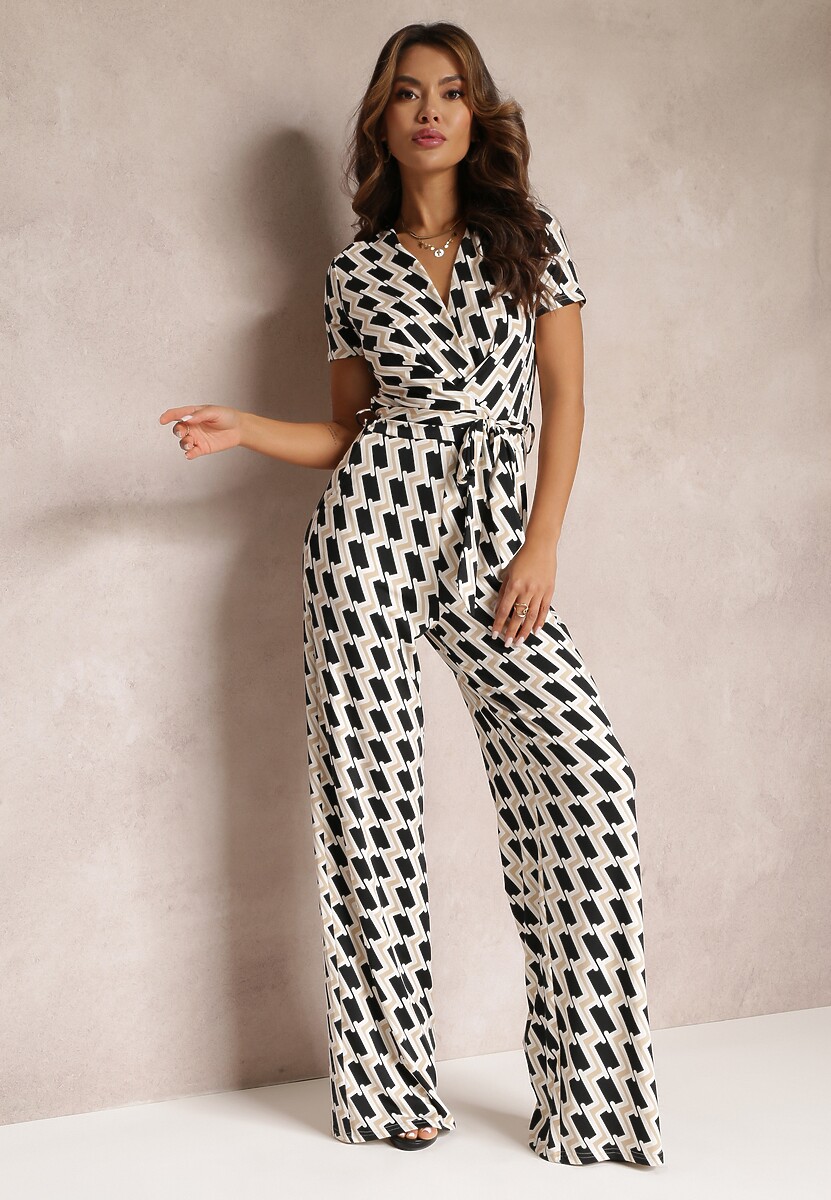 Beżowy Geometryczny Kombinezon z Krótkim Rękawem i Szerokimi Nogawkami Alayia