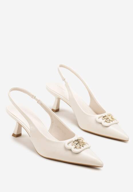 Beżowe Czółenka Sandały Vices na Kaczuszce Typu Slingback Ozdobione Metaliczną Aplikacją Lilarunea